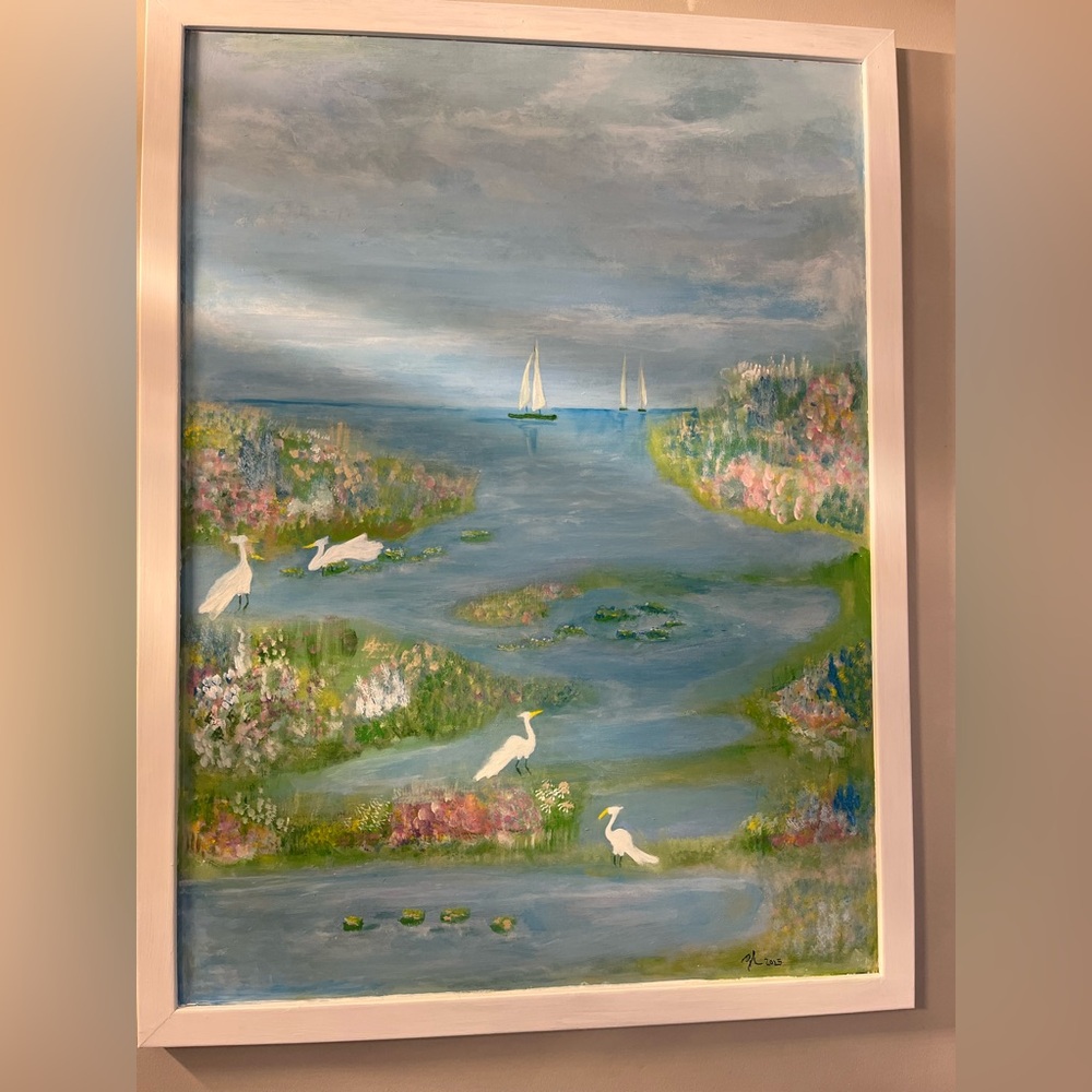 Framed hand painted Herons in the marsh, coastal pastel Landscape Painting 40”